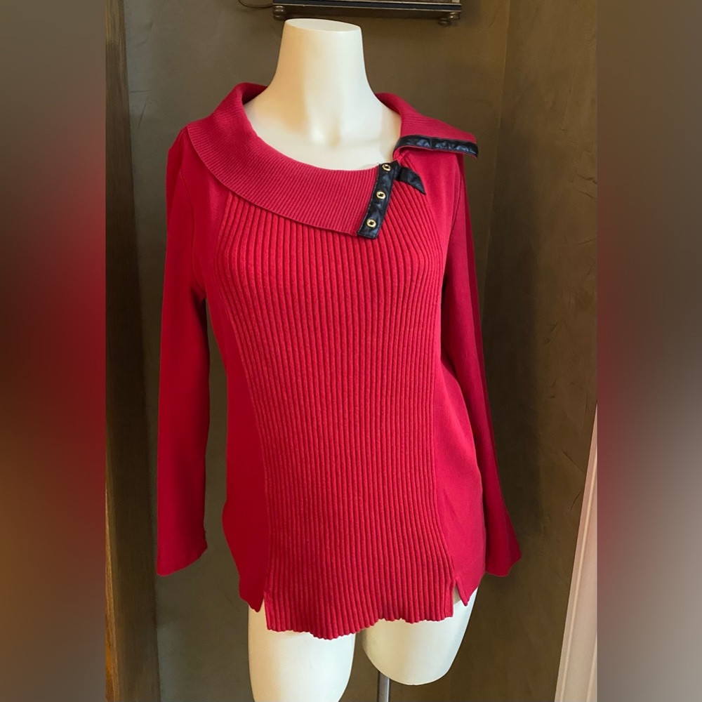 Rafaella Women's Red w/Black Accent Cowl Neck Knit Cotton Sweater, Medium
